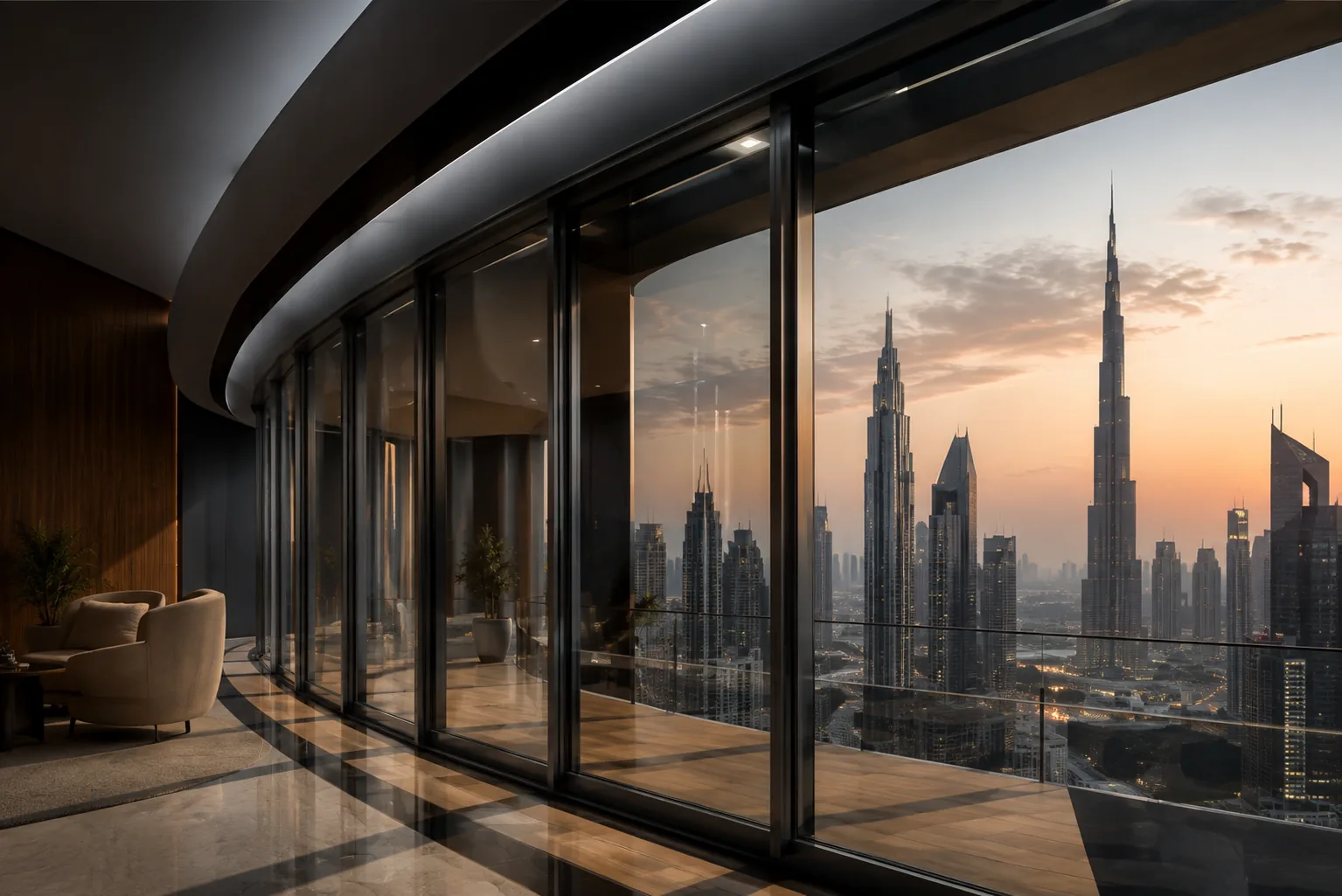 Penthouse living room in Downtown Dubai, curved glazed wall fitted with sun control film, Burj Khalifa at sunset beyond