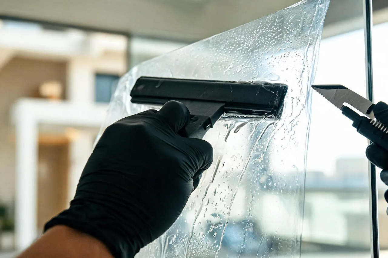 Installer squeegeeing film onto a window pane