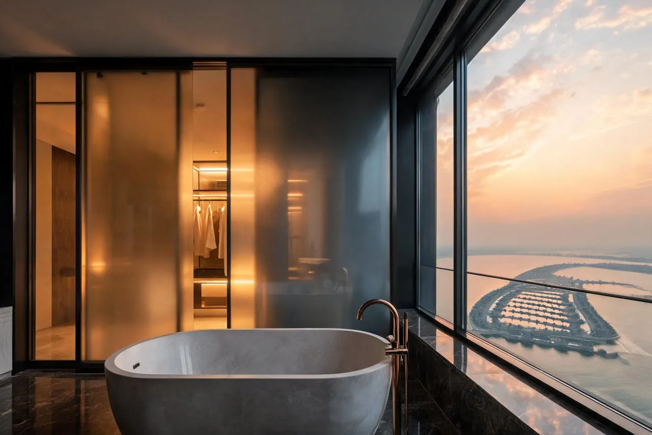 Penthouse bathroom on Palm Jumeirah with a frosted privacy film partition, stone bath at the window