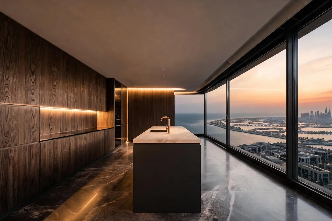 Palm Jumeirah penthouse kitchen with cabinet doors re-skinned in smoked oak wrapping film