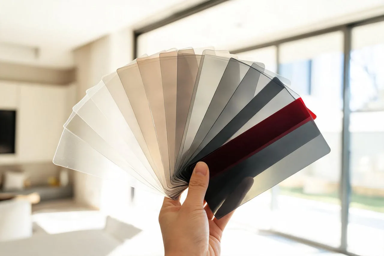 Fan of window film samples held against daylight