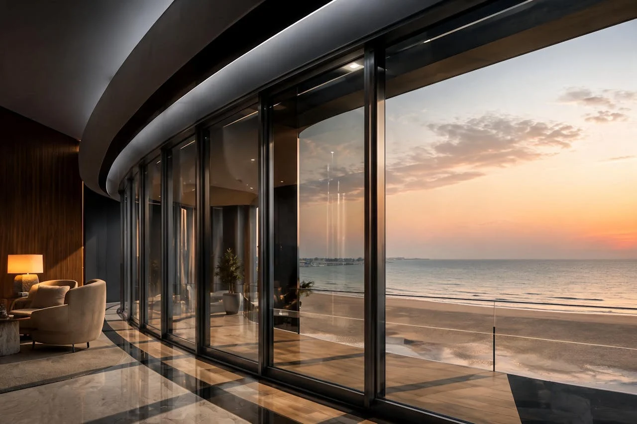 Beachfront villa on Palm Jumeirah with sun control film facing the Gulf at sunset