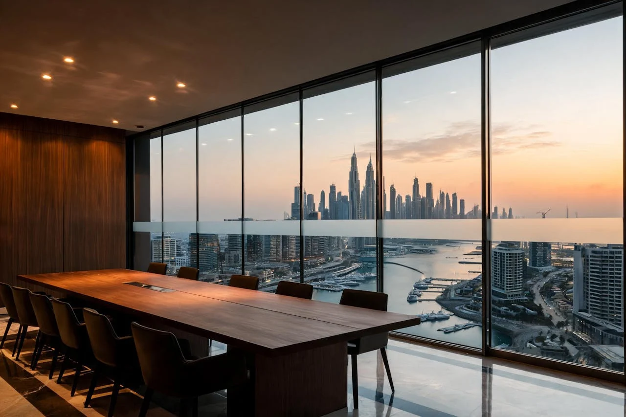 Office meeting room in Dubai Marina with film on the glass partition and window wall